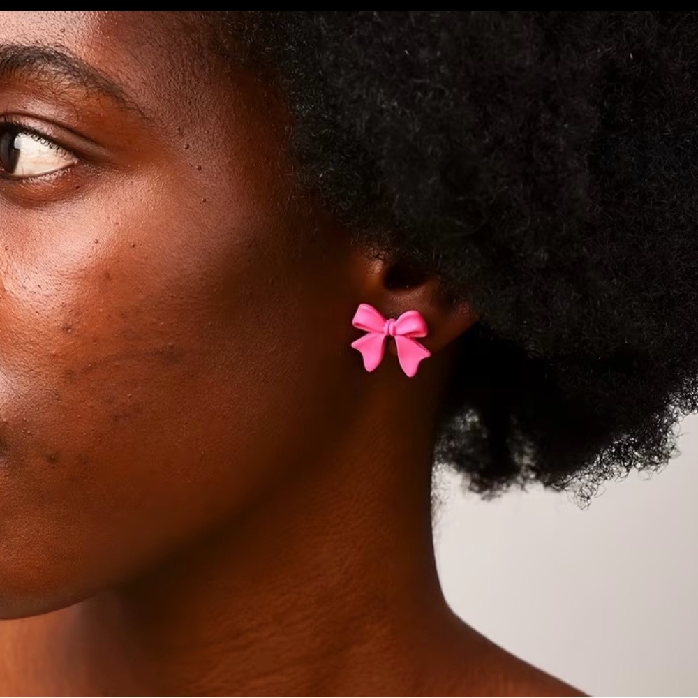 Fluorescent Pink Bow 🎀 Earrings - Picture 2 of 4